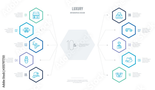 luxury concept business infographic design with 10 hexagon options. outline icons such as handbag, bowler hat, business man, car collection, clutch, fragrance