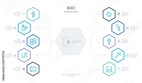 magic concept business infographic design with 10 hexagon options. outline icons such as crystal ball, magic, juggler, hypnosis, magic lamp, witch hat