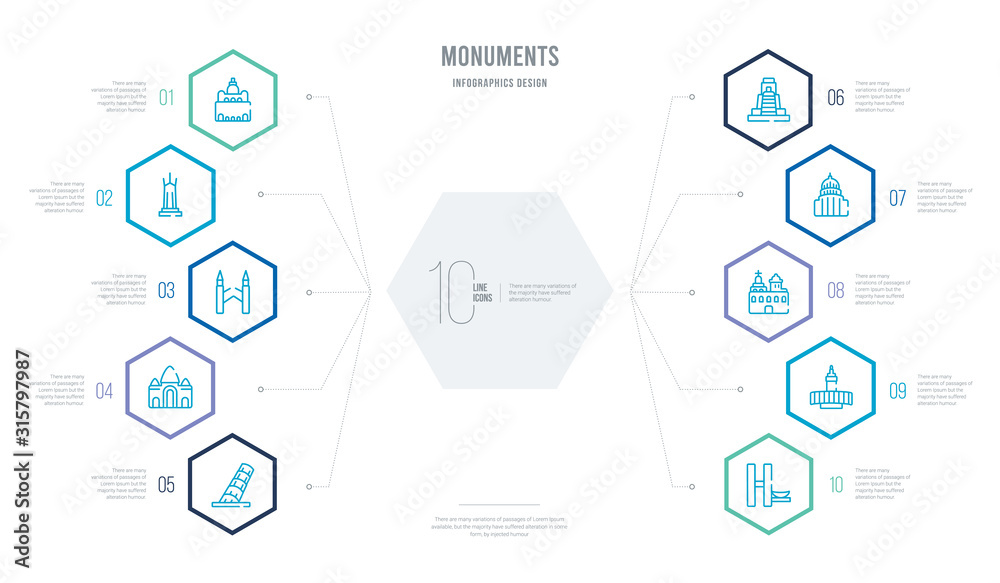 monuments concept business infographic design with 10 hexagon options. outline icons such as national congress of brazil, retiro park, domed churches, united states capitol, pyramid of the magician, monuments concept business infographic design with 10 hexagon options. outline icons such as national congress of brazil, retiro park, domed churches, united states capitol, pyramid of the magician,