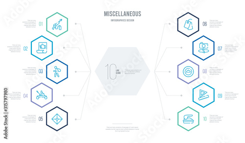 miscellaneous concept business infographic design with 10 hexagon options. outline icons such as puncher, ruler and square measuring tools, product, camera front, army dog tag, catapult