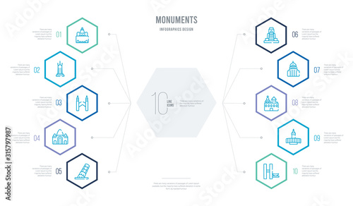 monuments concept business infographic design with 10 hexagon options. outline icons such as national congress of brazil, retiro park, domed churches, united states capitol, pyramid of the magician,