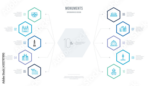 monuments concept business infographic design with 10 hexagon options. outline icons such as chiang kai shek memorial hall, canadian national tower, temple of heaven in beijing, qutb minar in new photo