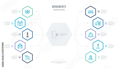 monuments concept business infographic design with 10 hexagon options. outline icons such as chiang kai shek memorial hall, canadian national tower, temple of heaven in beijing, qutb minar in new © zaurrahimov