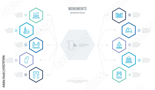 monuments concept business infographic design with 10 hexagon options. outline icons such as notre dame cathedral, shrine of remembrance, castle of the holy angel in rome, al shaheed monument, abu