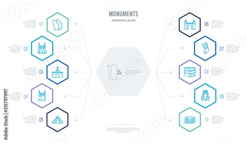 monuments concept business infographic design with 10 hexagon options. outline icons such as pula arena, imperial guardian lion, kaaba building, egyptian, medieval, sagrada familia building