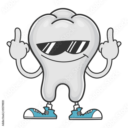 tooth with sunglasses giving the middle fingers
