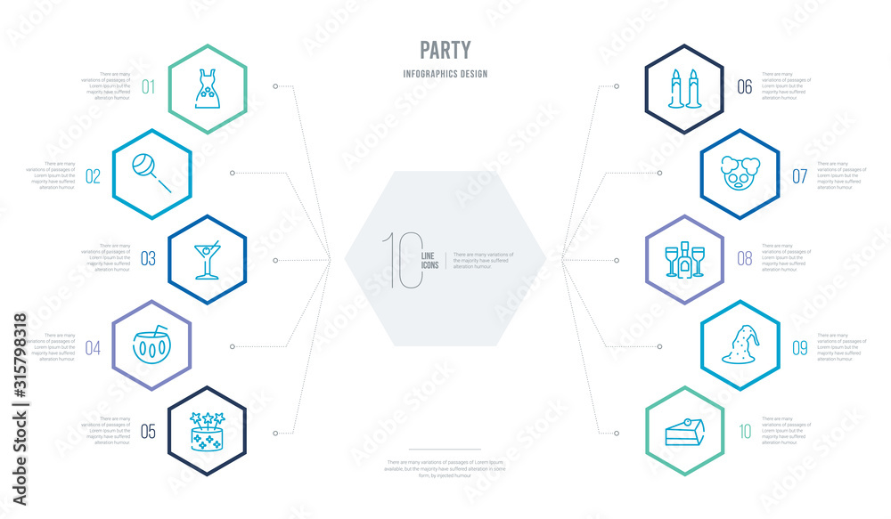 party concept business infographic design with 10 hexagon options. outline icons such as slice of cake, wizard hat, bottle and two glasses, clown head with hat, blowing candle, bowl with straw party concept business infographic design with 10 hexagon options. outline icons such as slice of cake, wizard hat, bottle and two glasses, clown head with hat, blowing candle, bowl with straw