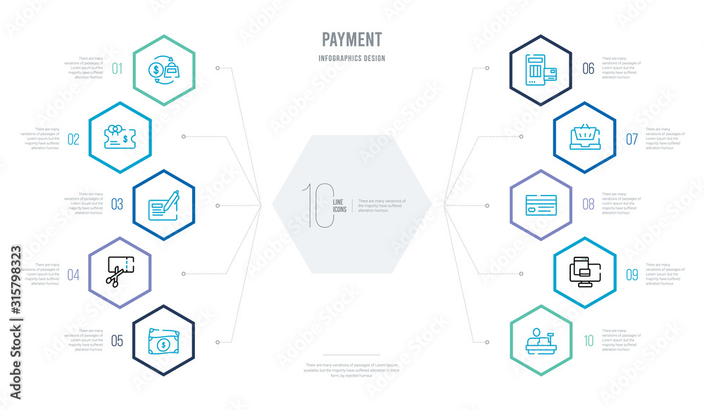 payment concept business infographic design with 10 hexagon options. outline icons such as cashier, web payment, card, online shopping, payment, cut card payment concept business infographic design with 10 hexagon options. outline icons such as cashier, web payment, card, online shopping, payment, cut card