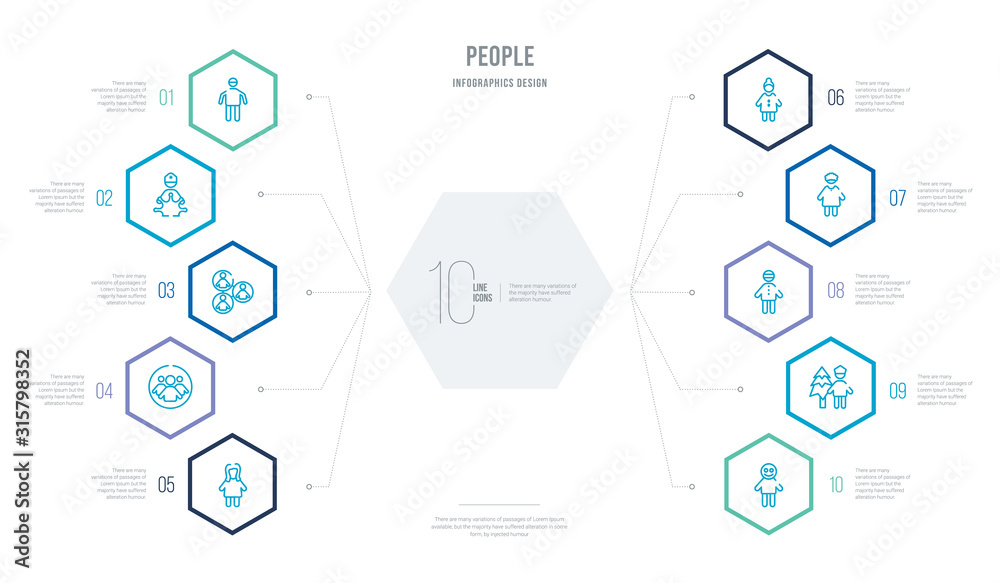 people concept business infographic design with 10 hexagon options. outline icons such as happy face, carol, round eyeglasses, curling hair, female with long hair, trade mark people concept business infographic design with 10 hexagon options. outline icons such as happy face, carol, round eyeglasses, curling hair, female with long hair, trade mark