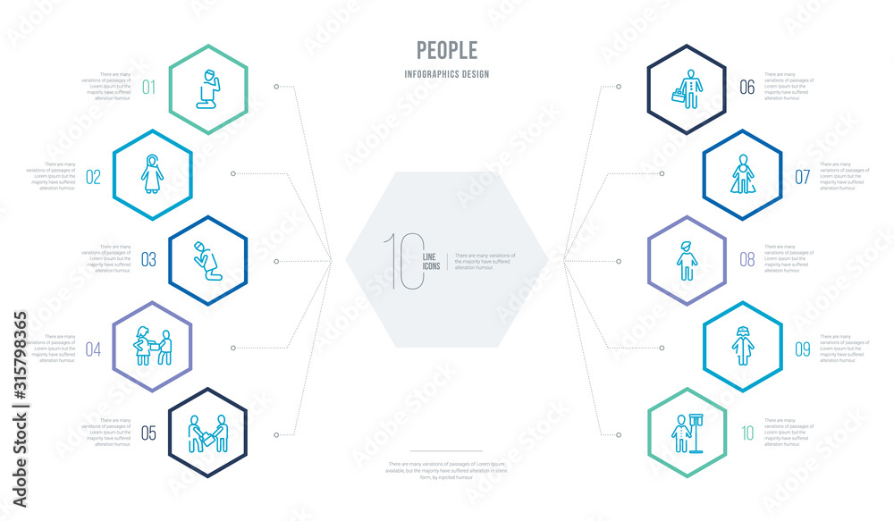 people concept business infographic design with 10 hexagon options. outline icons such as sickness, female doctor, bohemian, cape, bussiness man, sexual harassment