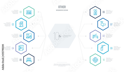other concept business infographic design with 10 hexagon options. outline icons such as saw blade, wood cutter, sleeping bed, work hammer, women's bathroom, paper list and a pencil