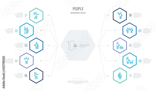 people concept business infographic design with 10 hexagon options. outline icons such as queens guard, woman with shopping cart, person mowing the grass, two men with cocktail glasses, smoking man,