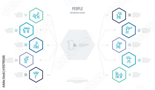 people concept business infographic design with 10 hexagon options. outline icons such as hide and seek, shot put, sitting man reading, woman looking by a spyglass, sitting man drinking a soda, man