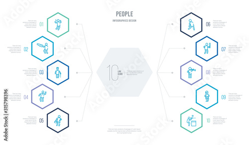 people concept business infographic design with 10 hexagon options. outline icons such as criminal heist, scholar girl front, man playing a flute, man attacking, person practicing a strengthen