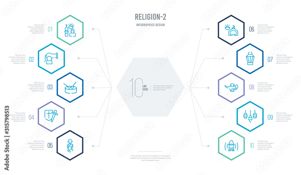 religion-2 concept business infographic design with 10 hexagon options. outline icons such as adhan call, arabian lantern, arabian magic lamp, arabic lamp, assr, crusade religion-2 concept business infographic design with 10 hexagon options. outline icons such as adhan call, arabian lantern, arabian magic lamp, arabic lamp, assr, crusade