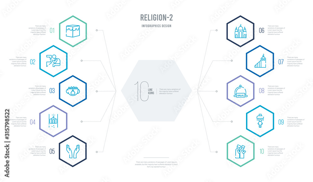 religion-2 concept business infographic design with 10 hexagon options. outline icons such as islamic friday prayer, islamic ghusl, islamic halal, minbar, mosque, praying carpet religion-2 concept business infographic design with 10 hexagon options. outline icons such as islamic friday prayer, islamic ghusl, islamic halal, minbar, mosque, praying carpet