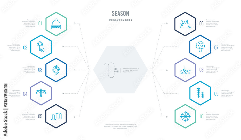 season concept business infographic design with 10 hexagon options. outline icons such as frost, crops, tide, apple tree, bush, dragonfly season concept business infographic design with 10 hexagon options. outline icons such as frost, crops, tide, apple tree, bush, dragonfly
