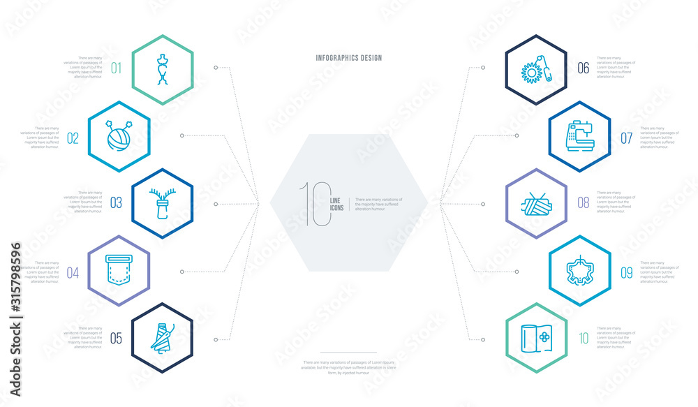 sew concept business infographic design with 10 hexagon options. outline icons such as fabric, leather, spool of thread, sewing machine, crochet, pocket sew concept business infographic design with 10 hexagon options. outline icons such as fabric, leather, spool of thread, sewing machine, crochet, pocket