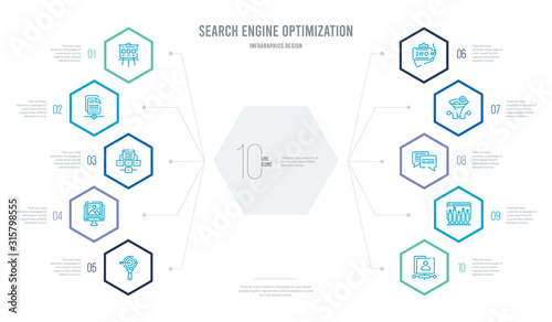 search engine optimization concept business infographic design with 10 hexagon options. outline icons such as sha folder, ranking, speech bubbles, funnel, tags, image
