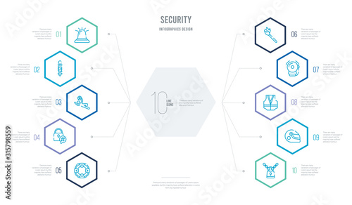 security concept business infographic design with 10 hexagon options. outline icons such as locked padlock with chain, motorbike helmet, reflective vest, emergency bell, match fire, hash
