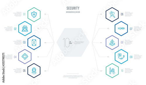 security concept business infographic design with 10 hexagon options. outline icons such as police tools, fire phone, police helmet, seat belt, airbag, float