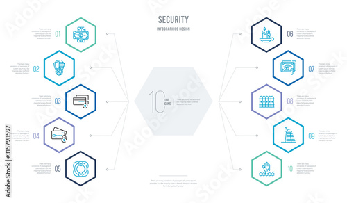 security concept business infographic design with 10 hexagon options. outline icons such as drowning, lifeguard chair, picket, marriage certificate, candles light, protected cit card