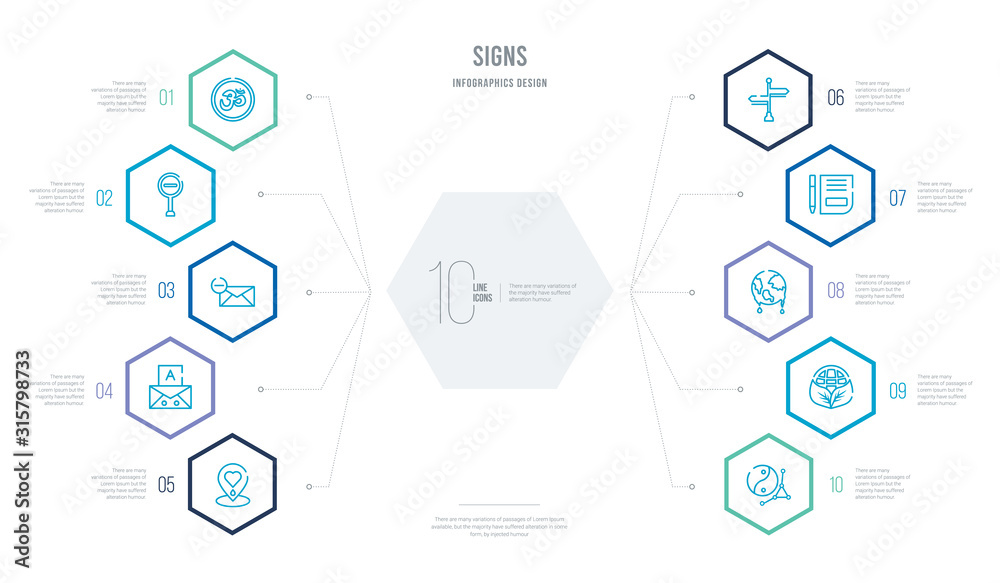 signs concept business infographic design with 10 hexagon options. outline icons such as philosophy, planet grid and a leaf, oil planet, paper sheet, directional, letter a signs concept business infographic design with 10 hexagon options. outline icons such as philosophy, planet grid and a leaf, oil planet, paper sheet, directional, letter a