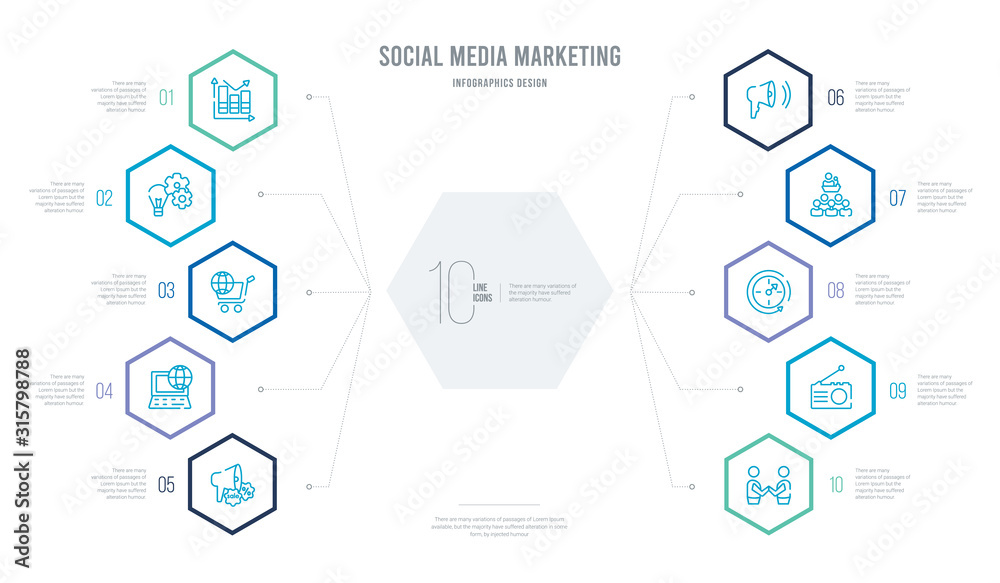 social media marketing concept business infographic design with 10 hexagon options. outline icons such as partner, mass media, timeline, conference, announcement, digital marketing social media marketing concept business infographic design with 10 hexagon options. outline icons such as partner, mass media, timeline, conference, announcement, digital marketing