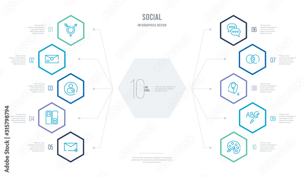 social concept business infographic design with 10 hexagon options. outline icons such as color, letter color, fill, overlap, chat box, pros and cons social concept business infographic design with 10 hexagon options. outline icons such as color, letter color, fill, overlap, chat box, pros and cons