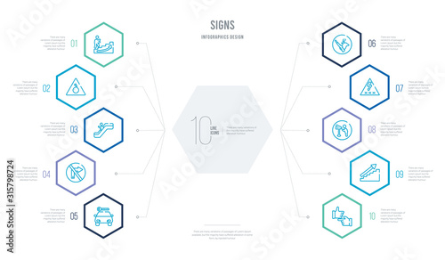 signs concept business infographic design with 10 hexagon options. outline icons such as hand, upstairs, site seeing place, shock, hunting zone, keep right