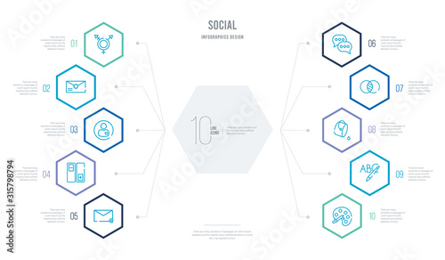 social concept business infographic design with 10 hexagon options. outline icons such as color, letter color, fill, overlap, chat box, pros and cons