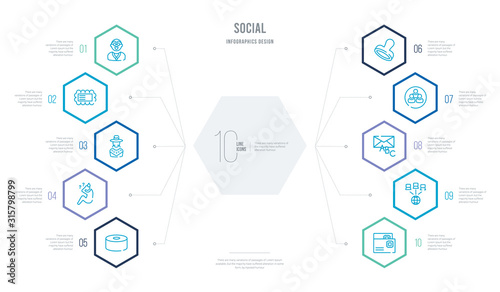 social concept business infographic design with 10 hexagon options. outline icons such as postcard with stamp, network conecction, letters, avatars, stamps, homeless
