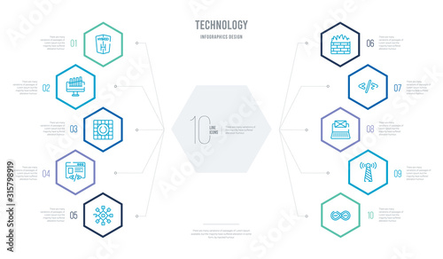 technology concept business infographic design with 10 hexagon options. outline icons such as devops, elements, email marketing, embedding, firewalls, front end