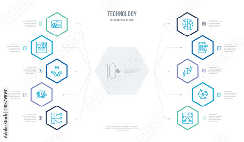 technology concept business infographic design with 10 hexagon options. outline icons such as sitemaps, social graph, structural elements, text editor, internet traffic, uptime and downtime