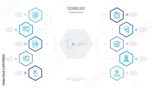 technology concept business infographic design with 10 hexagon options. outline icons such as cross stuck in ground, phone box, surveillance camera, face shield, electric socket on fire, technology