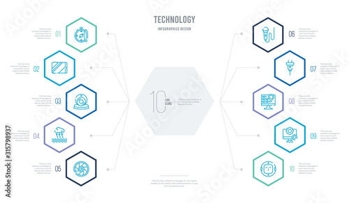 technology concept business infographic design with 10 hexagon options. outline icons such as round socket, services, digitate, basic plug, basic microphone, evaporation © zaurrahimov