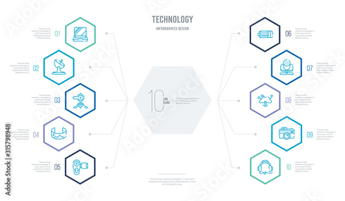 technology concept business infographic design with 10 hexagon options. outline icons such as big headphones, vintage digital camera, download from virtual cloud, big microphone, battery with two