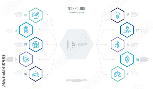 technology concept business infographic design with 10 hexagon options. outline icons such as wireless gadget, half hour, flash, client, light bulb turned off, circular database