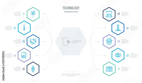 technology concept business infographic design with 10 hexagon options. outline icons such as tablet with picture, contact lens, dialysis, antenna, scanner with cover, big sim card