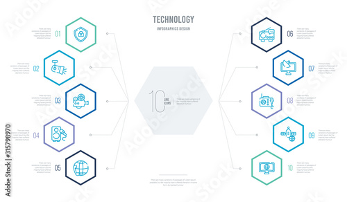 technology concept business infographic design with 10 hexagon options. outline icons such as worlwide news, news via satellite, radio journalism, tv and satellite, radio and messages, entertainer