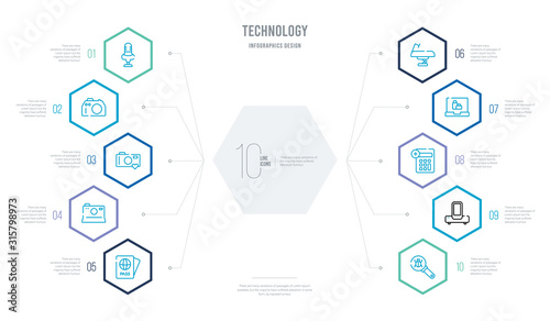 technology concept business infographic design with 10 hexagon options. outline icons such as search bug, dock, calculation, holiday, operating table, camera front view