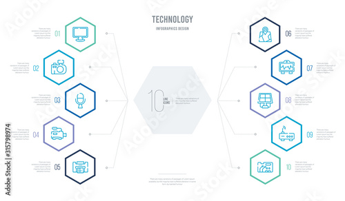 technology concept business infographic design with 10 hexagon options. outline icons such as circuit board, wireless transmitter, frontal solar panel, electrocardiogram line, ip address point