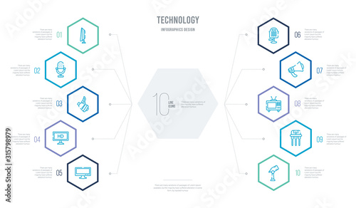 technology concept business infographic design with 10 hexagon options. outline icons such as microphone voice, transistor, old television, modern horn, chairs, hd monitor