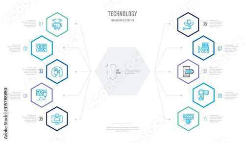 technology concept business infographic design with 10 hexagon options. outline icons such as horizontal film strip, little camcorder, baterry, solar battery, ecologic electricity, electrical plug