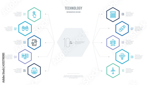 technology concept business infographic design with 10 hexagon options. outline icons such as eolic, ecologic bulb, electric, file storage, calculations, touristic