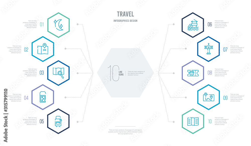 travel concept business infographic design with 10 hexagon options. outline icons such as brochure, itinerary, bus ticket, control tower, waterpark, sleeping travel concept business infographic design with 10 hexagon options. outline icons such as brochure, itinerary, bus ticket, control tower, waterpark, sleeping