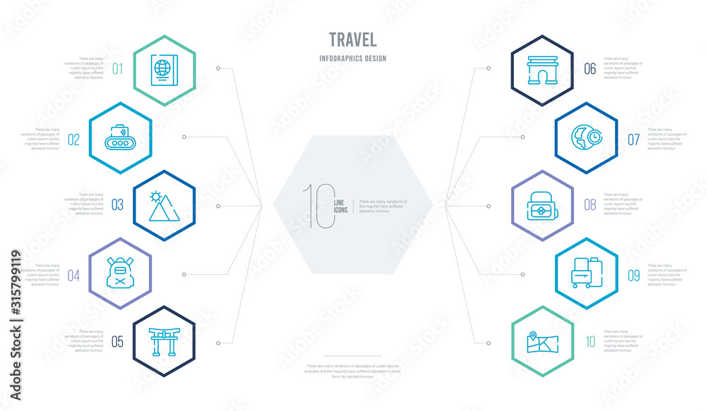 travel concept business infographic design with 10 hexagon options. outline icons such as road map and pin, suitcases, baby bag, time zone, france, student backpack travel concept business infographic design with 10 hexagon options. outline icons such as road map and pin, suitcases, baby bag, time zone, france, student backpack