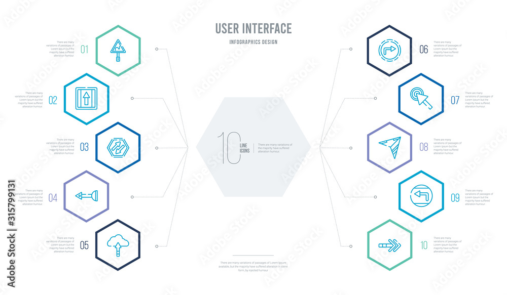 user interface concept business infographic design with 10 hexagon options. outline icons such as arrow pointing right, arrow address back, navigation arrow, mouse cursor, turn right go back button user interface concept business infographic design with 10 hexagon options. outline icons such as arrow pointing right, arrow address back, navigation arrow, mouse cursor, turn right go back button