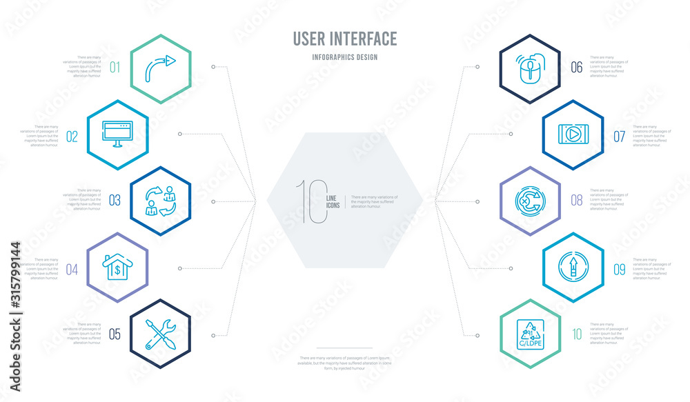 user interface concept business infographic design with 10 hexagon options. outline icons such as 91 c/ldpe, up side, no tittling, video play, mouse clicker, house value