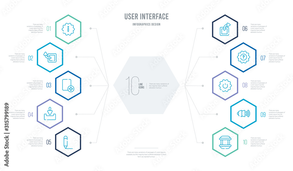 user interface concept business infographic design with 10 hexagon options. outline icons such as artboard, sound on, on off power button, question button, export archive, file inbox user interface concept business infographic design with 10 hexagon options. outline icons such as artboard, sound on, on off power button, question button, export archive, file inbox